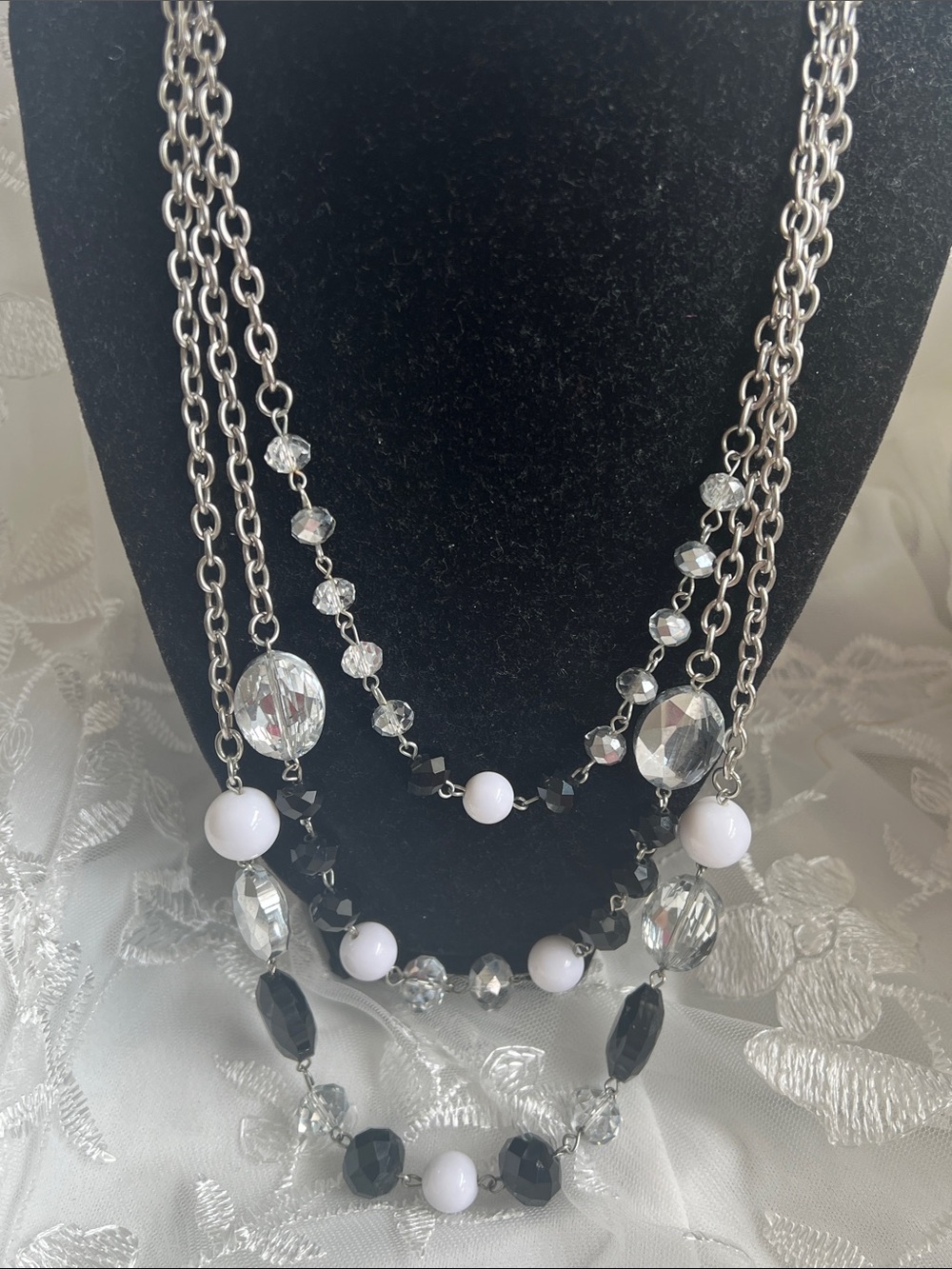 Elegant Multi-Strand Silver Necklace with Black and White Beads